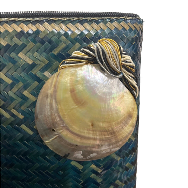 Woven Palm Leaf Blue-Green Clutch With Shell Accent & Tassel Boho Chic Handbag