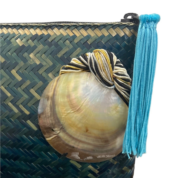 Woven Palm Leaf Blue-Green Clutch With Shell Accent & Tassel Boho Chic Handbag