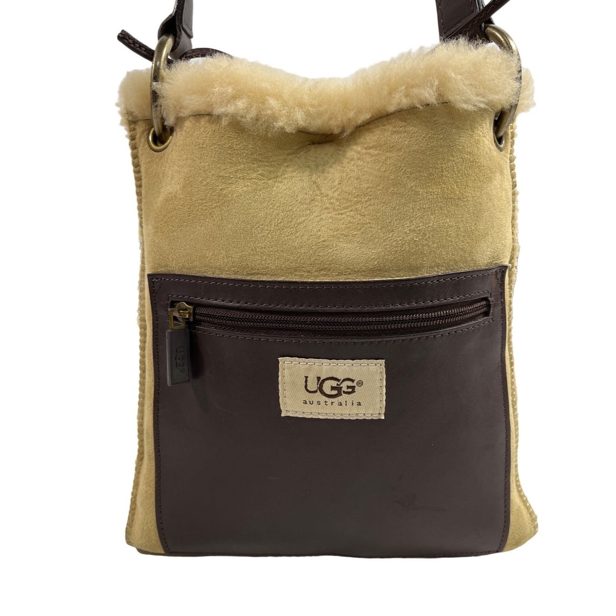 UGG Aus Women's Brown And Beige Suede Leather & Sheepskin Crossbody Bag