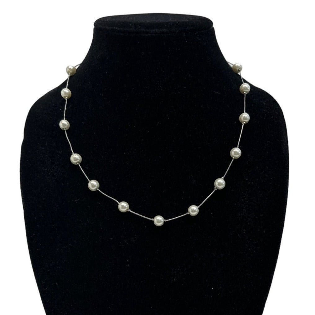 White Floating Faux Pearls Silver Tone Chain Necklace - 21.5in