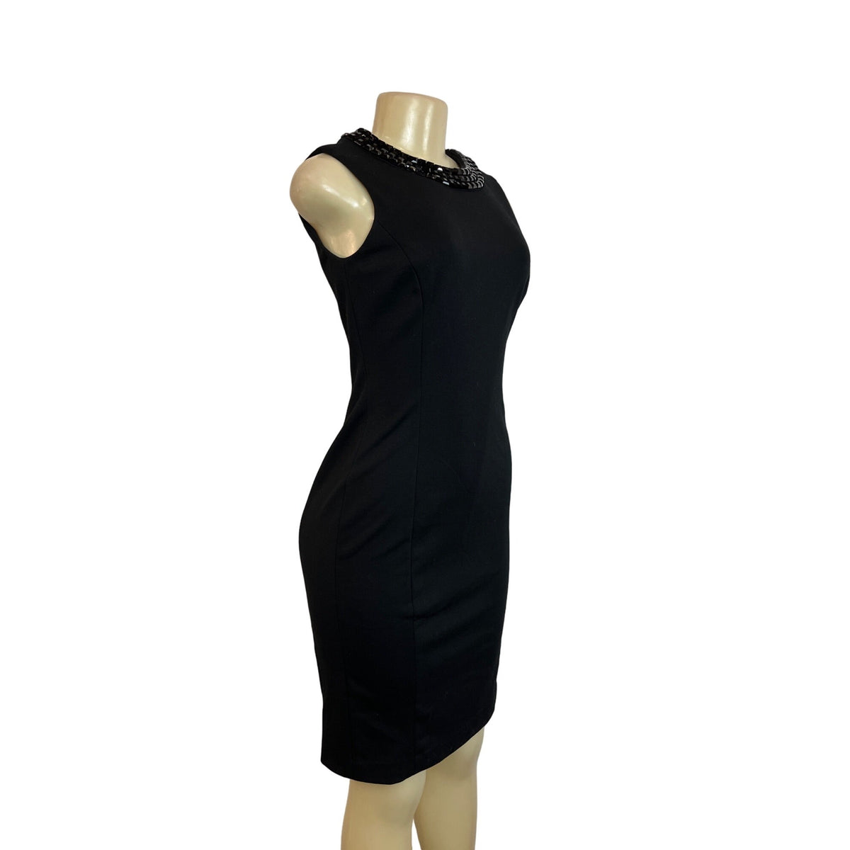 Calvin Klein Women’s Black Beaded Collar Sleeveless Sheath Dress, Size 2