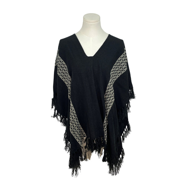 Francescas Black & Grey Poncho Wrap With Fringe & V-Neck Hem One Size - New