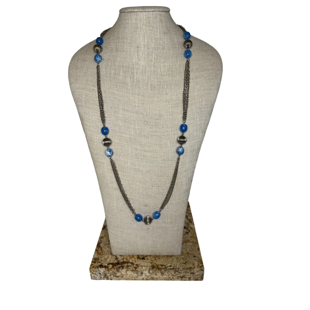 Metal Chain Blue Beads Long Necklace - 35in