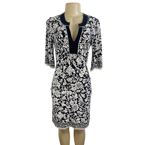 Intrique Women's White With Black Floral Pattern Midi Dress Sz M - NWT