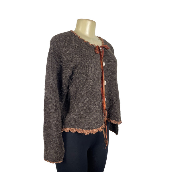 Vintage Hot Knots Brown & Gray Knit Ribbon Detail & Lace Trim Cardigan