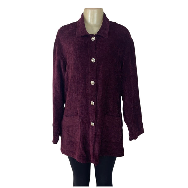 Vintage Jessica Howard Burgundy Button-Up Chenille Jacket With Front Pockets