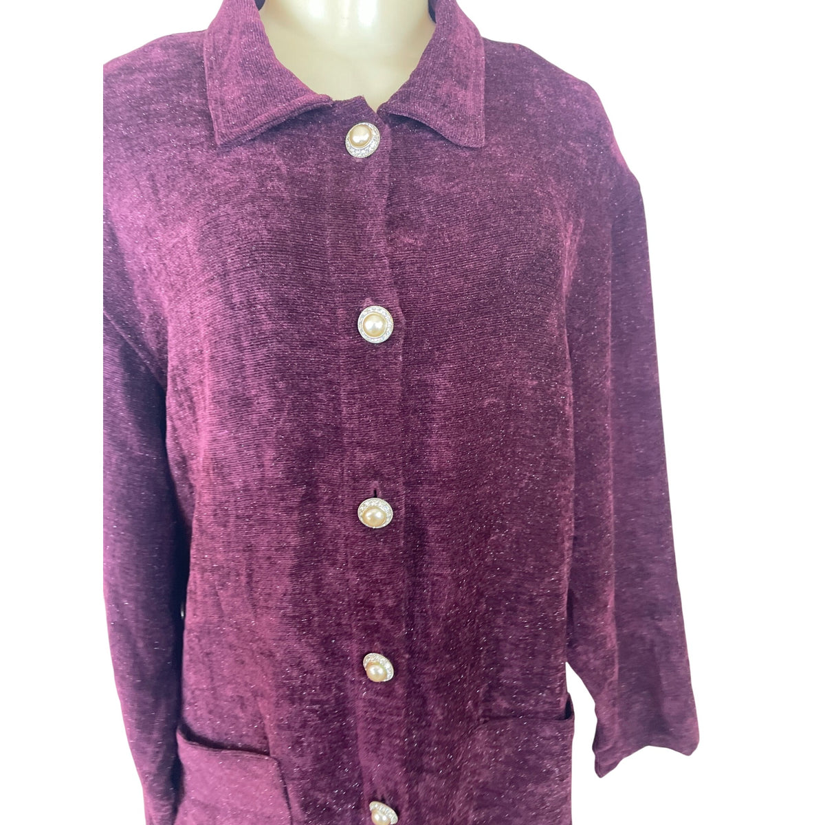 Vintage Jessica Howard Burgundy Button-Up Chenille Jacket With Front Pockets