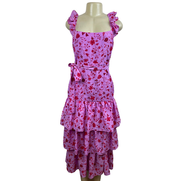 Likely Pink & Red Floral Ruffle Tiered Midi Dress Size 10- NEW