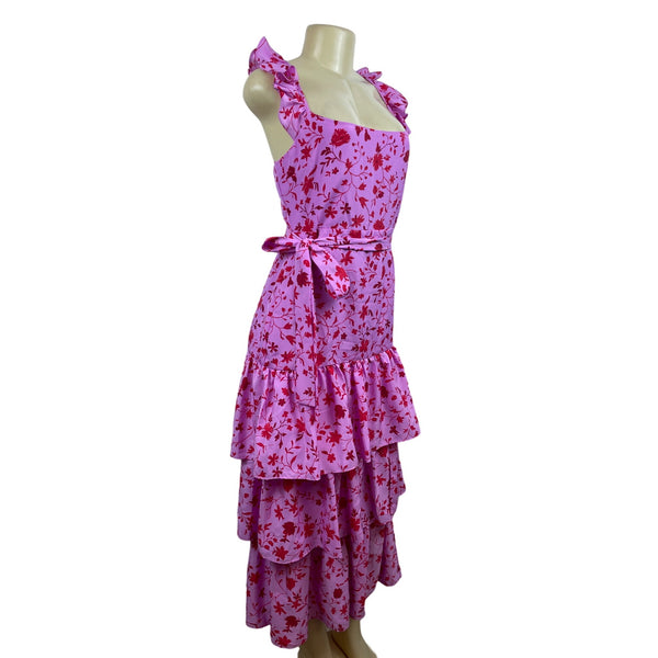 Likely Pink & Red Floral Ruffle Tiered Midi Dress Size 10- NEW