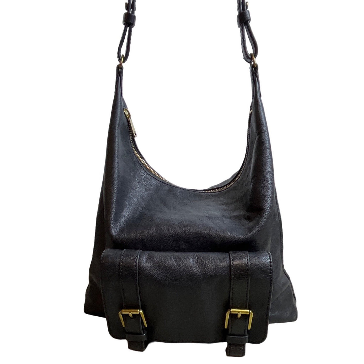 Fossil Women's Black Leather With Brass Hardware Hobo Shoulder Bag Sz M