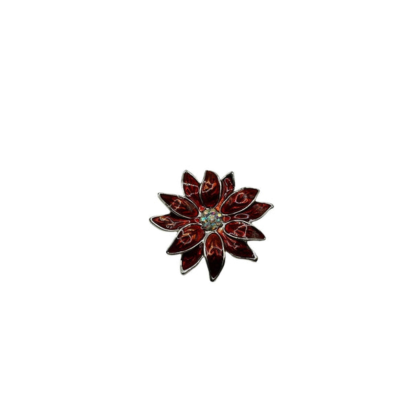 Red Poinsettia Brooch Pin Enamel Iridescent Crystal Christmas Silver Tone 1.5in