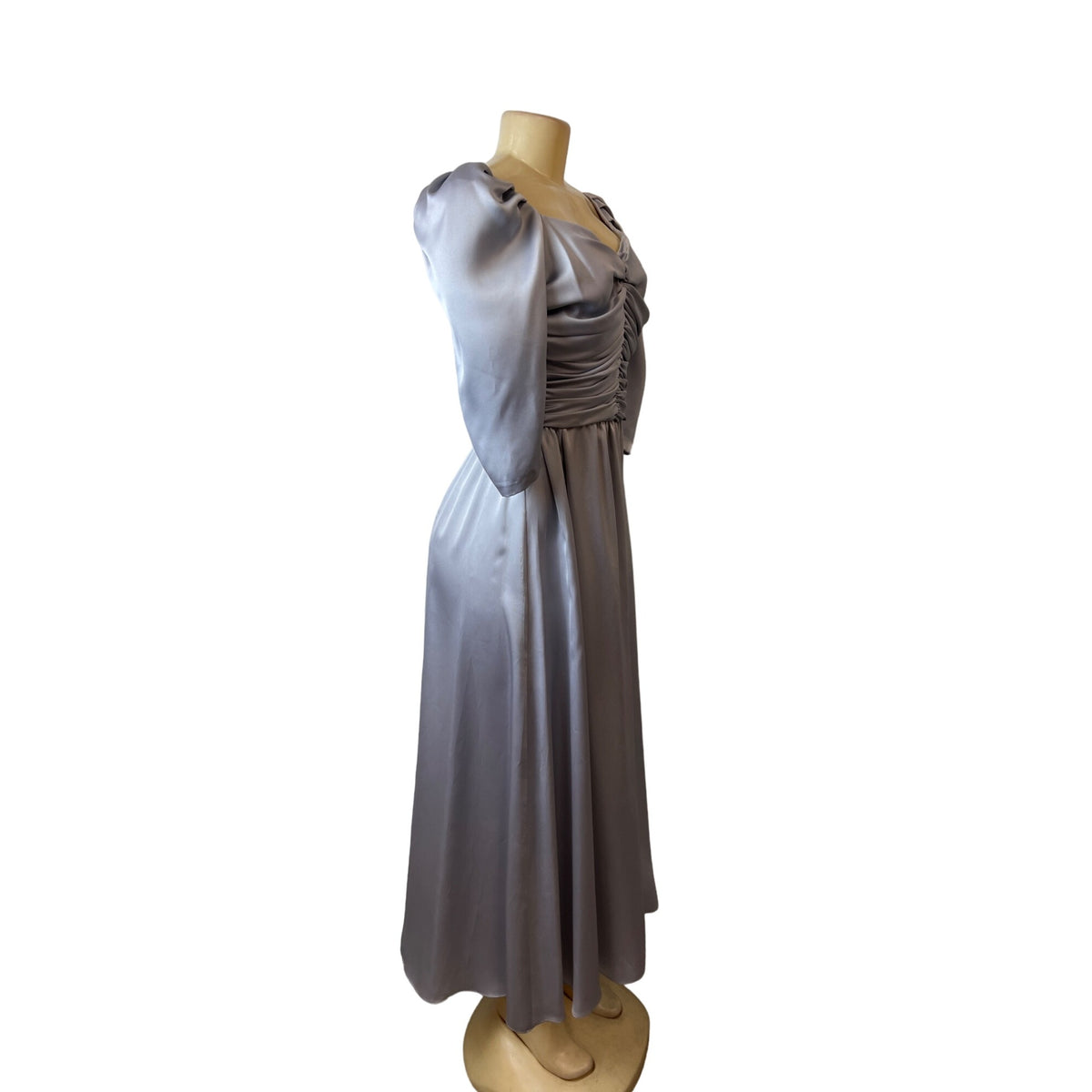 VTG 70's/80's Dessy Creations Silver Satin Ruched Sweetheart Gown Dres Sz 12