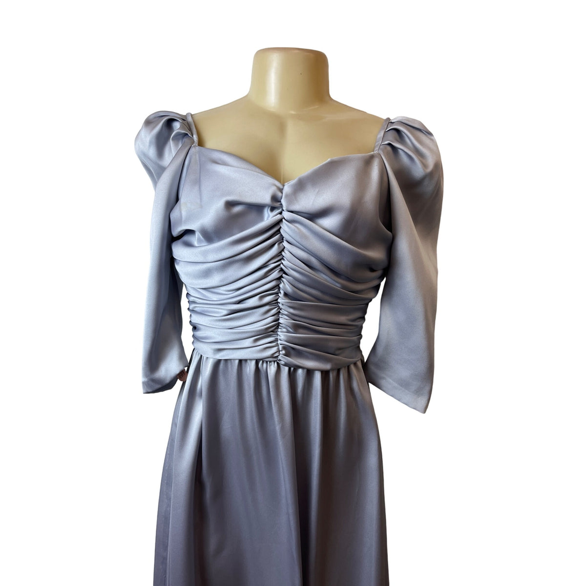 VTG 70's/80's Dessy Creations Silver Satin Ruched Sweetheart Gown Dres Sz 12