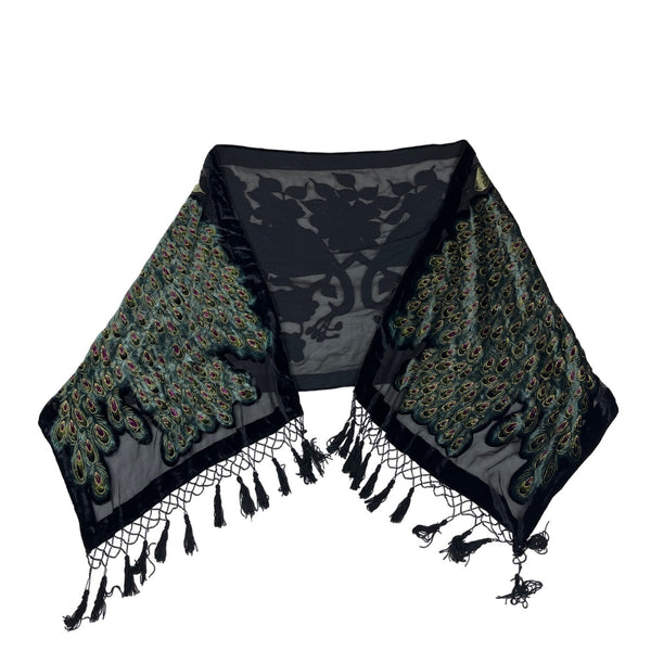 J&X NY Black Women's Silk Velvet Peafowl Print Stole One Size