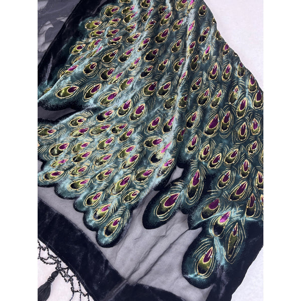 J&X NY Black Women's Silk Velvet Peafowl Print Stole One Size