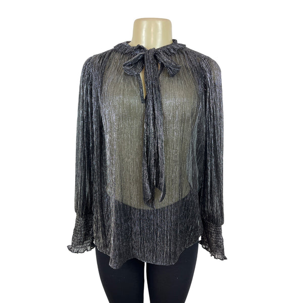 Misa Los Angeles Sheer Metallic Silver & Black Bow Tie Blouse Top Size S