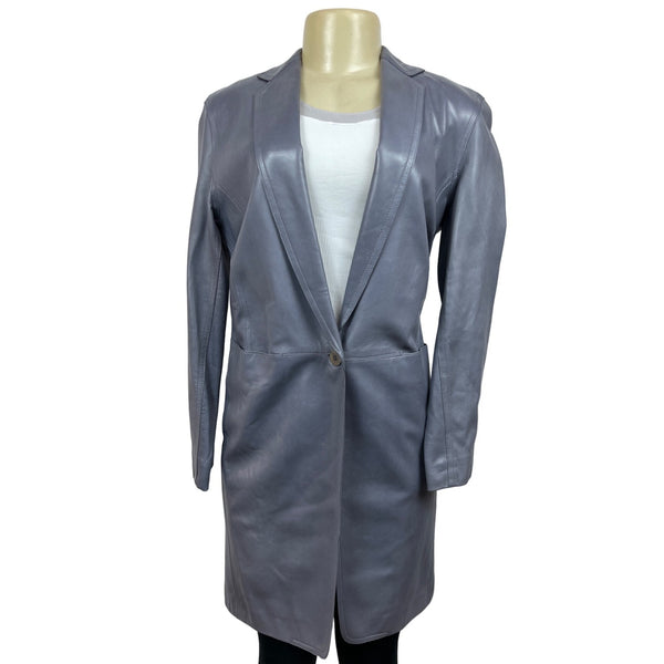 Donna Karan Single-Button Longline Leather Blazer Coat In Slate Gray Sz L