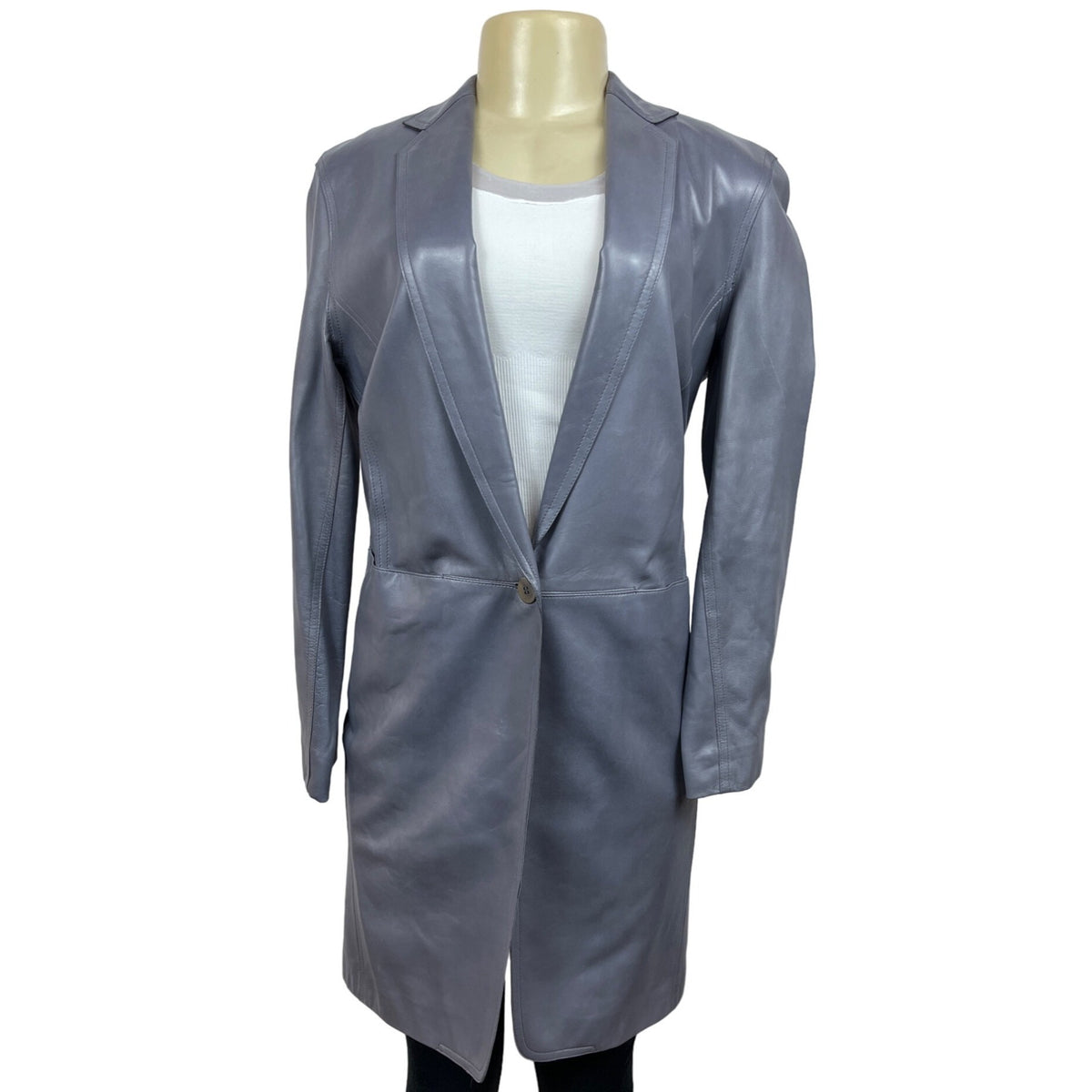 Donna Karan Single-Button Longline Leather Blazer Coat In Slate Gray Sz L