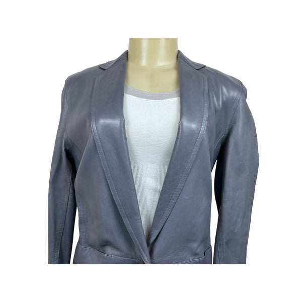 Donna Karan Single-Button Longline Leather Blazer Coat In Slate Gray Sz L