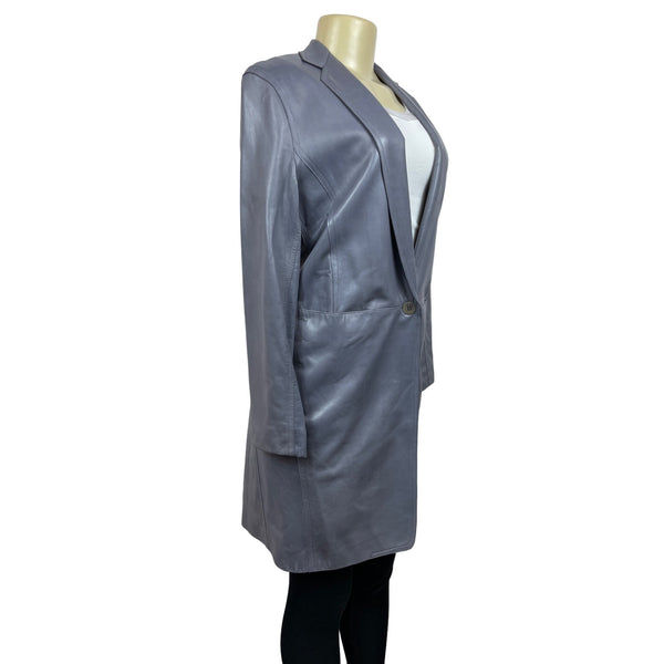 Donna Karan Single-Button Longline Leather Blazer Coat In Slate Gray Sz L