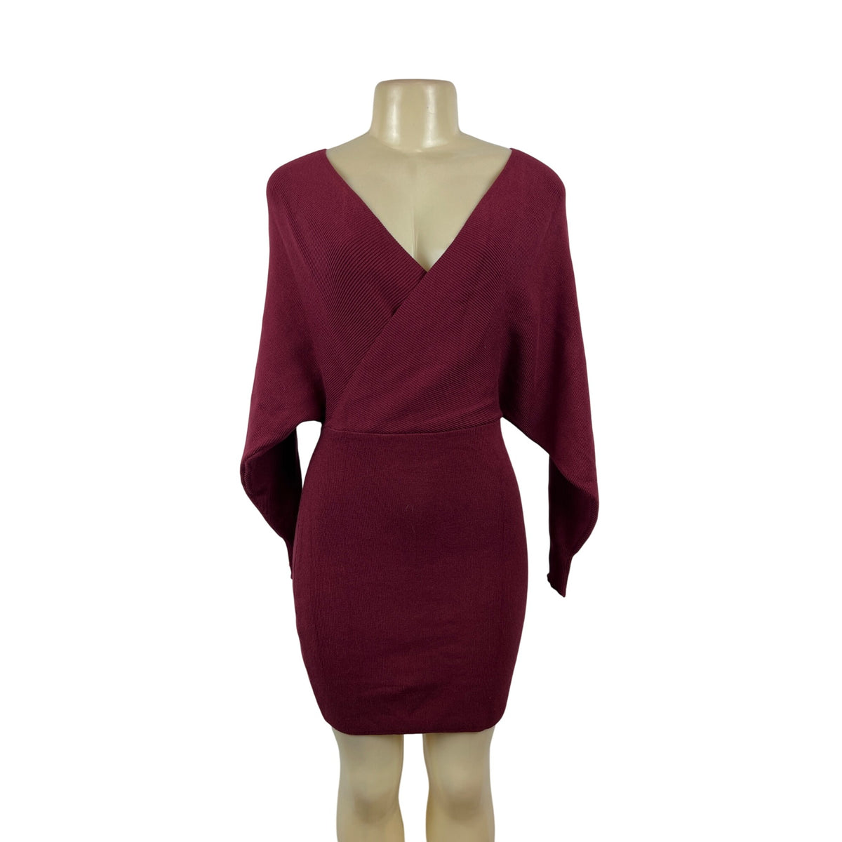 Zonsaoja Burgundy Womens Wrap V-Neck Ribbed Knitted Mini Skirt Dress Sz M