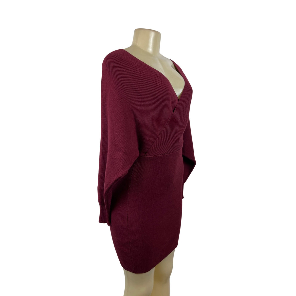 Zonsaoja Burgundy Womens Wrap V-Neck Ribbed Knitted Mini Skirt Dress Sz M