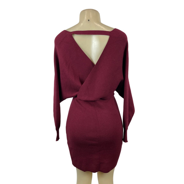 Zonsaoja Burgundy Womens Wrap V-Neck Ribbed Knitted Mini Skirt Dress Sz M