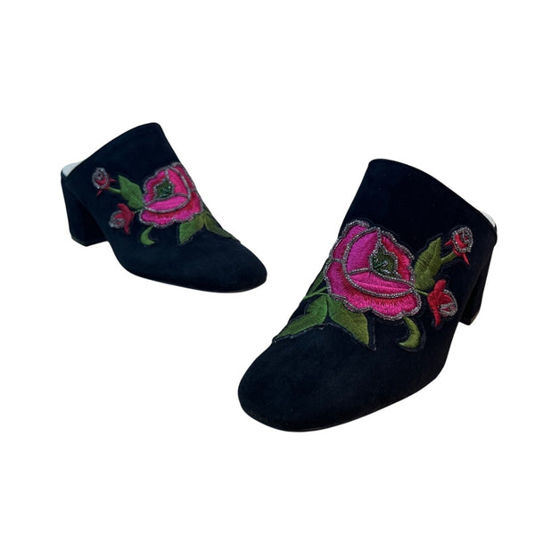 Butter Italy Women’s Black Suede Embroidered Rose Block Heel Mule Size 8