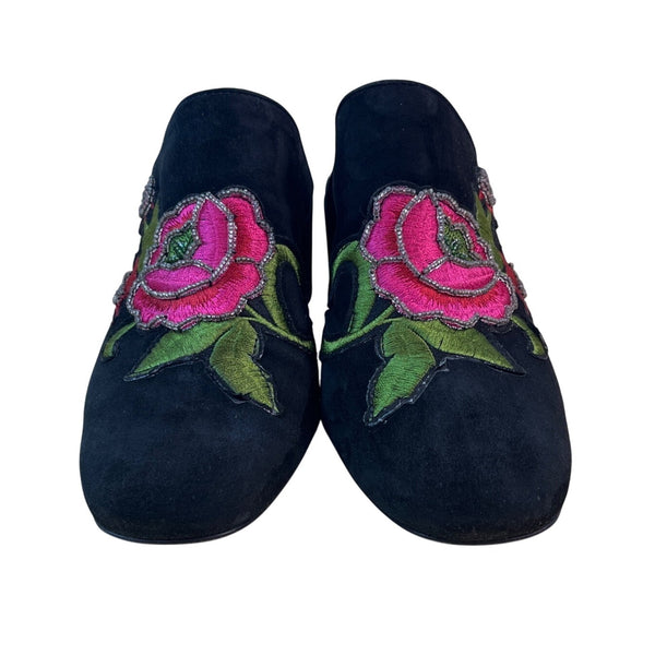 Butter Italy Women’s Black Suede Embroidered Rose Block Heel Mule Size 8