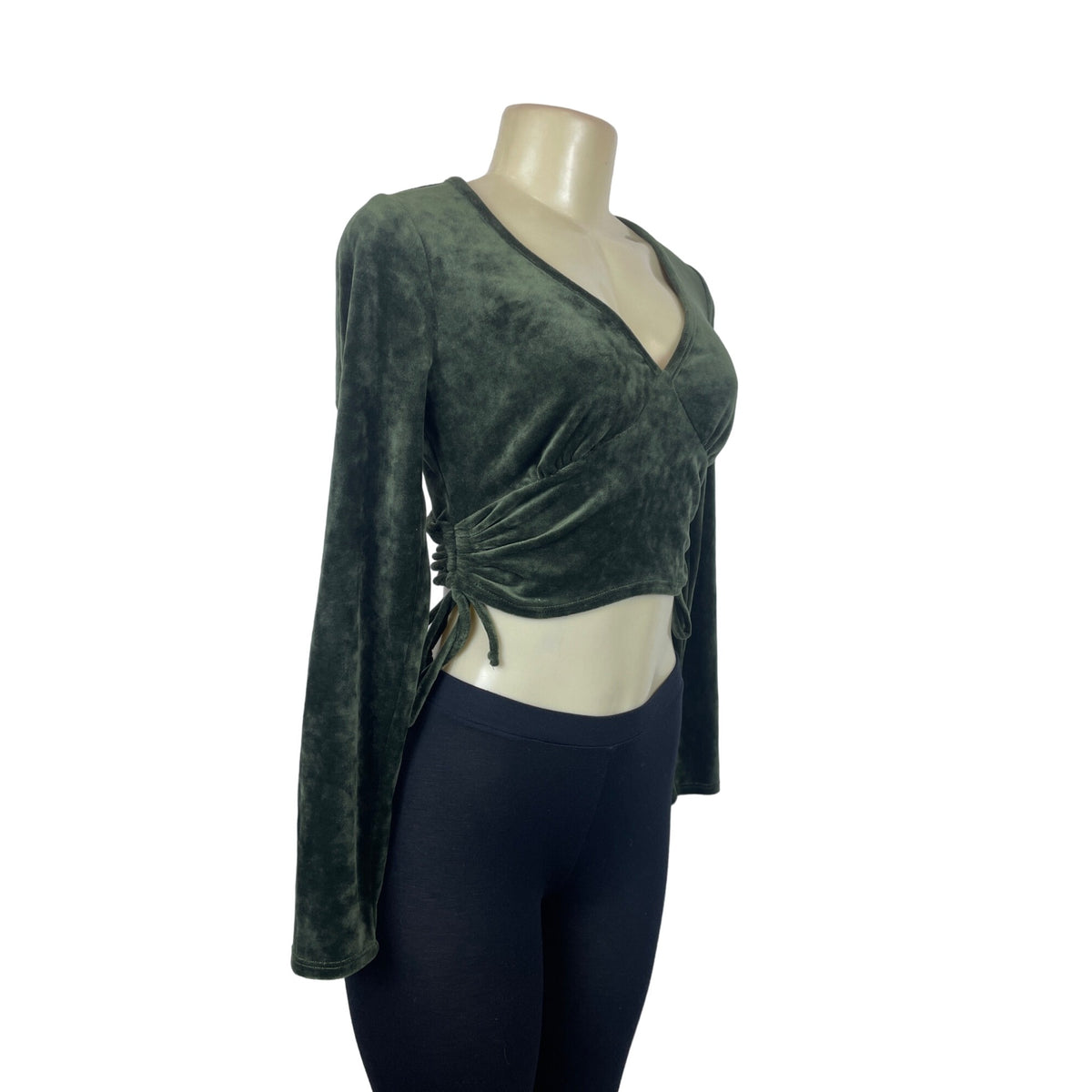 Le Lis Collection Green Velvet Long Sleeve Wrap Crop Top W Side Tie Sz XS/S