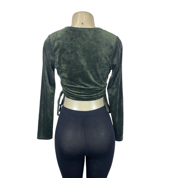 Le Lis Collection Green Velvet Long Sleeve Wrap Crop Top W Side Tie Sz XS/S