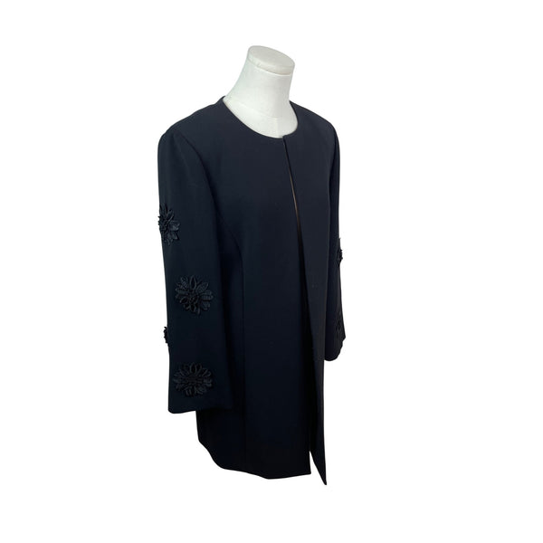 Tahari Arthur S. Levine Black Embroidered 3/4 Sleeve Open Front Womens Coat Size 8