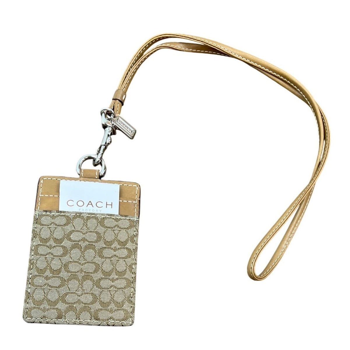 Coach Signature Khaki Doe Lanyard With Detachable Strap Women’s ID Card Holder