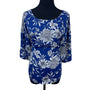 West Kei Women's Blue Floral Print 3/4 Sleeve Round Neck Blouse Sz L