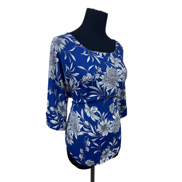 West Kei Women's Blue Floral Print 3/4 Sleeve Round Neck Blouse Sz L