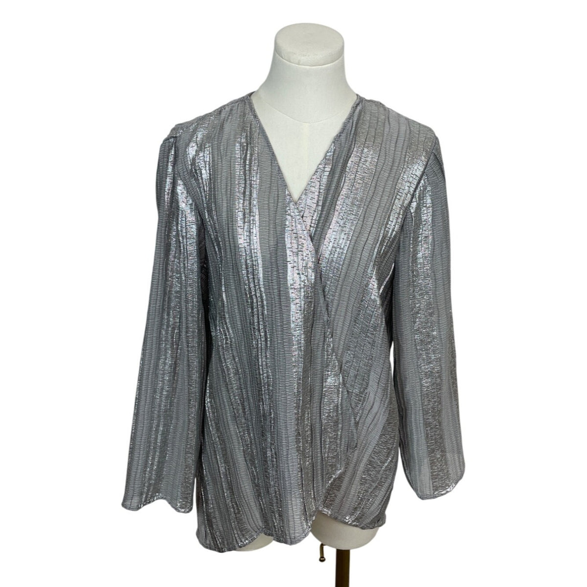 Chicos Metallic Silver Striped Long Sleve Open Blouse Womens Sz 2