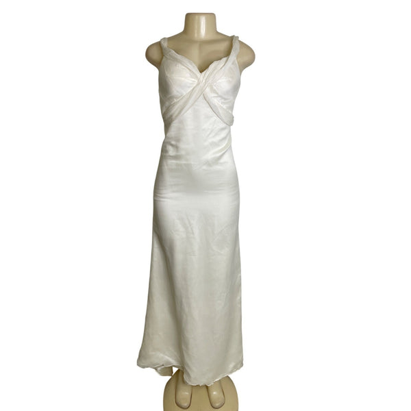 Winnie Couture Elegant White Sleeveless Draped Evening Gown With Train Sz 6