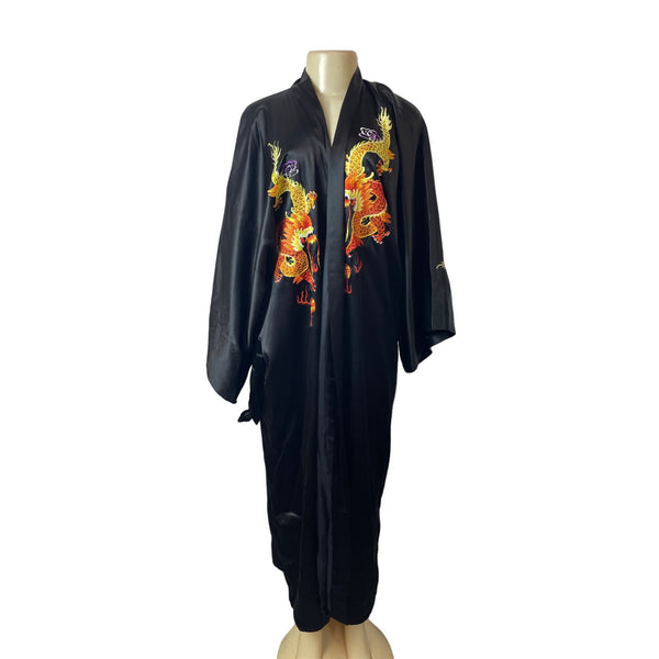 Tianshuia Embroidered Dragon Design Black Kimono Robe W Belt Closure Sz XL - New