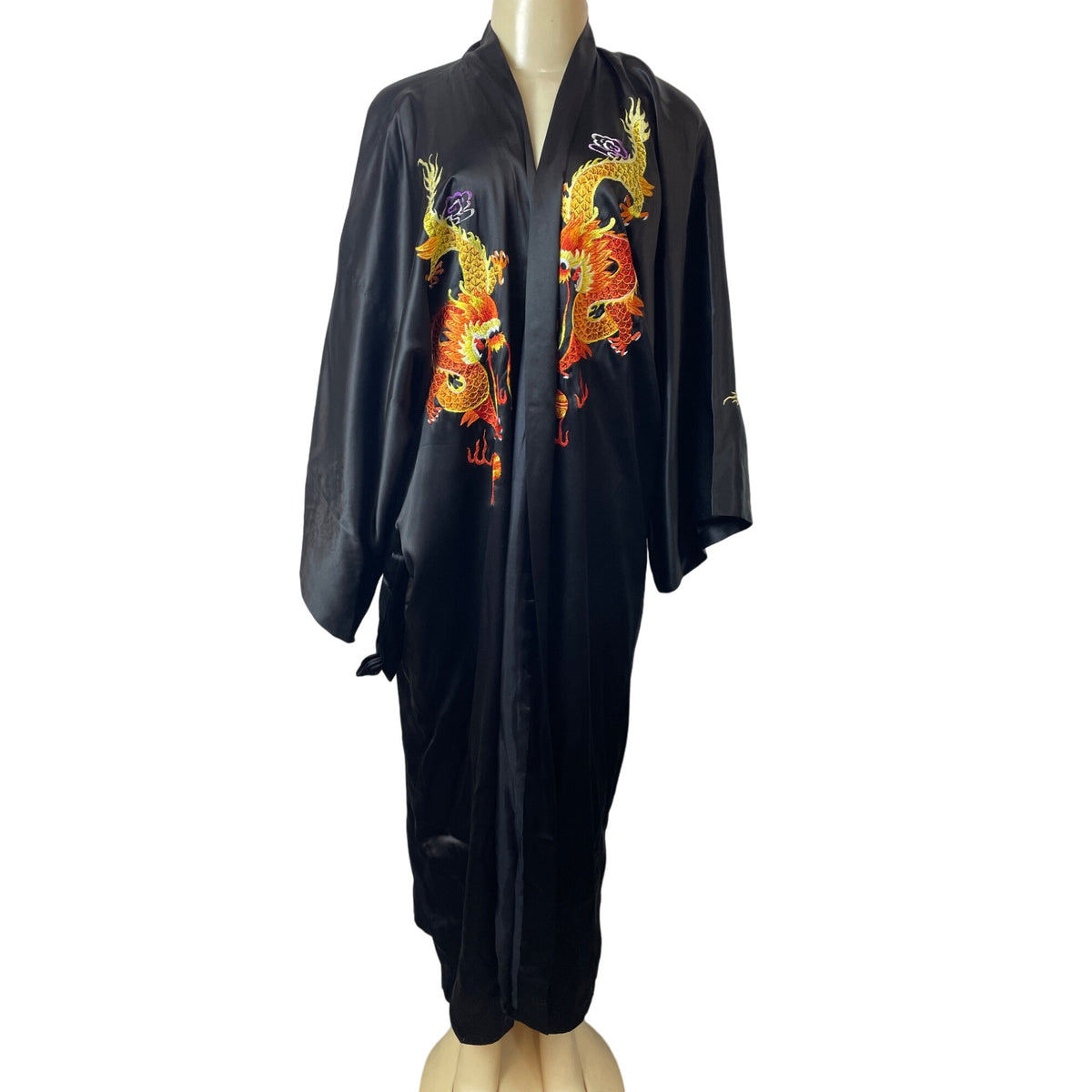 Tianshuia Embroidered Dragon Design Black Kimono Robe W Belt Closure Sz XL - New