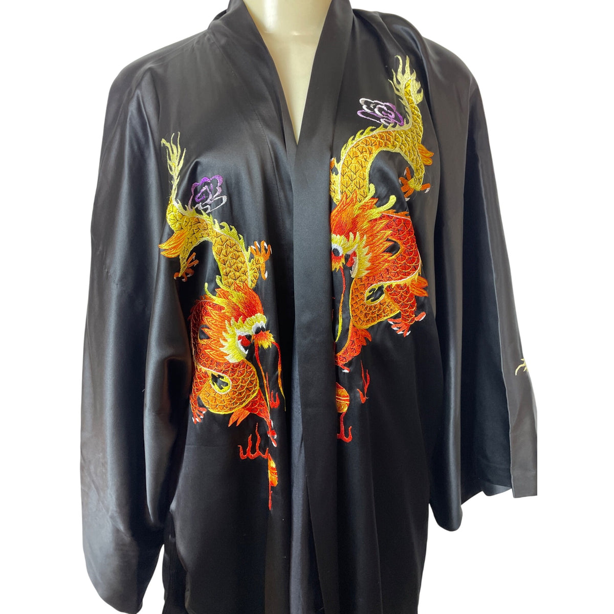 Tianshuia Embroidered Dragon Design Black Kimono Robe W Belt Closure Sz XL - New