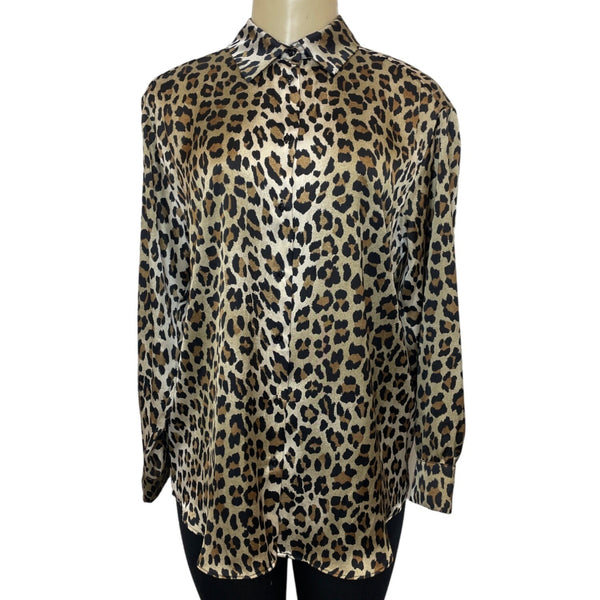 Zara Black Leopard Print Long Sleeve Button Down Fashion Women Blouse Shirt Sz S