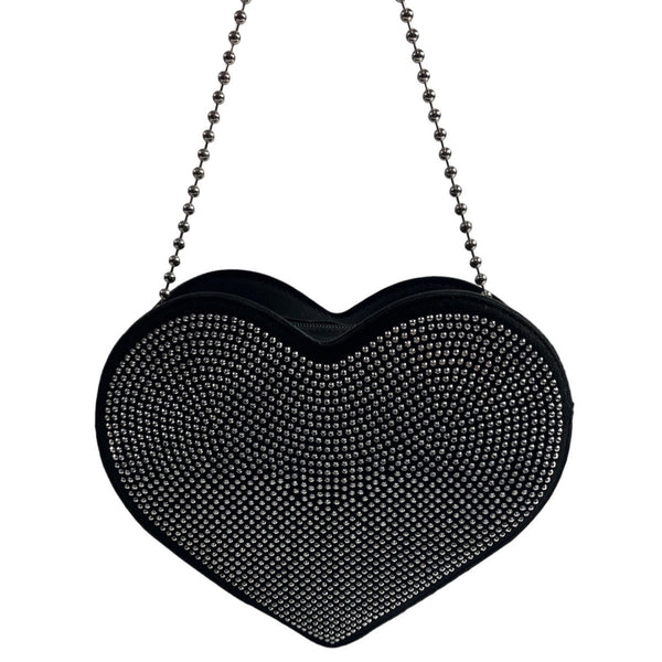 Women's Black Heart Shaped with Metal Studs and Ball Chain Strap Crossbody Bag