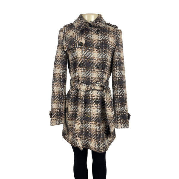 Dkny Women's Gray and Beige Plaid Double Breasted Peacoat Jacket Size 8