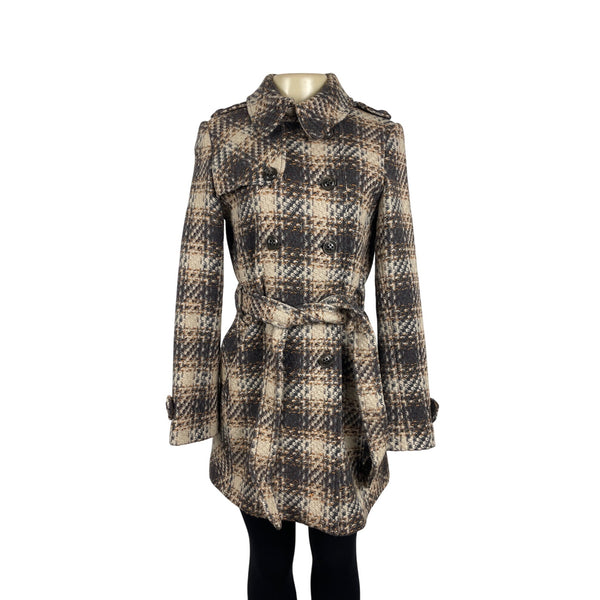 Dkny Women's Gray and Beige Plaid Double Breasted Peacoat Jacket Size 8