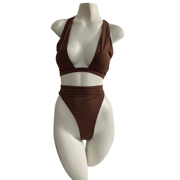 Qinsen Women Brown High Waist Bikini Set W Halter Top & Cheeky Bottoms Sz L-NEW