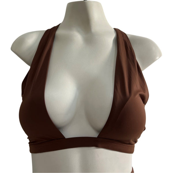 Qinsen Women Brown High Waist Bikini Set W Halter Top & Cheeky Bottoms Sz L-NEW