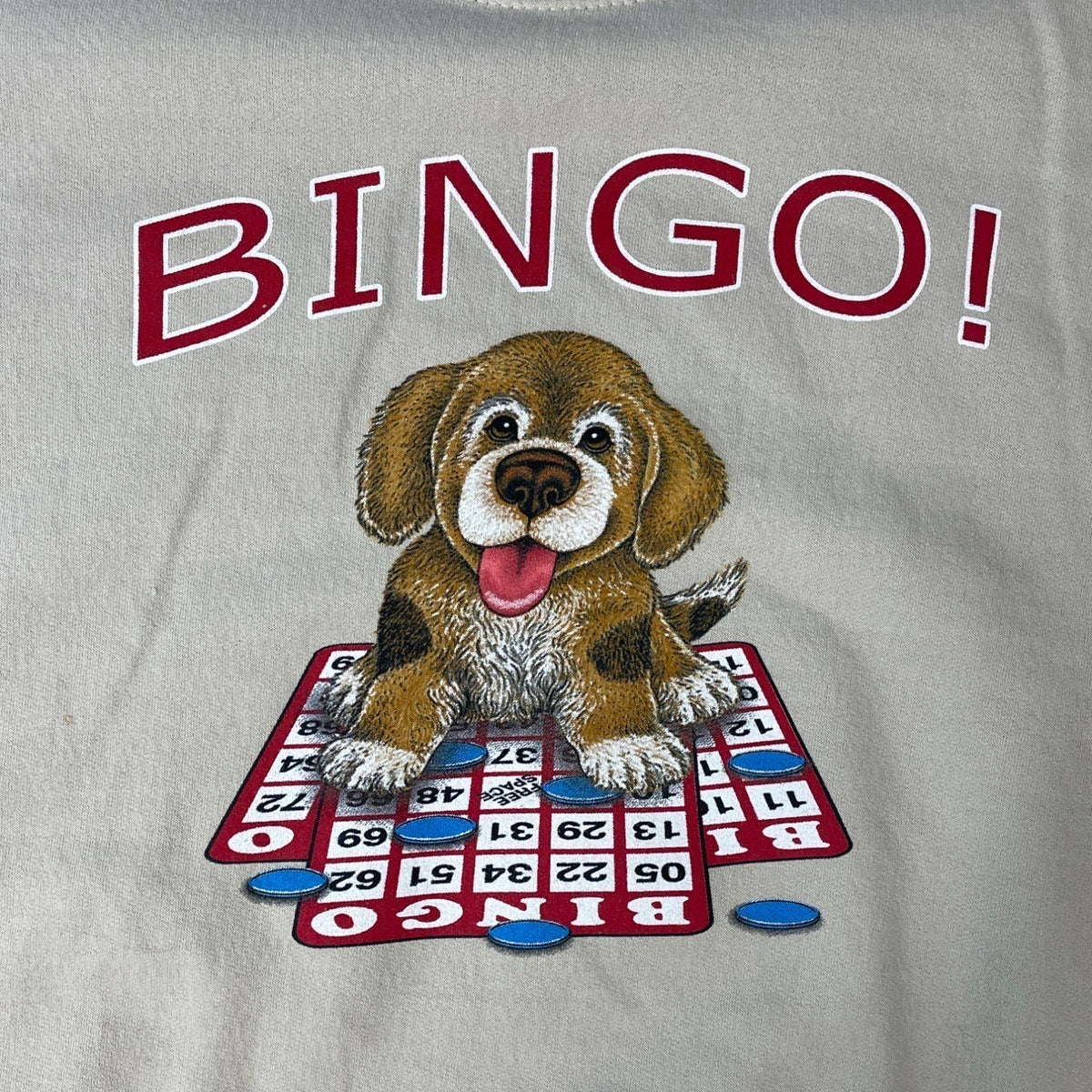 Vintage 90s Jerzees Bingo Puppy Beige Long Sleeve Sweater Sz L