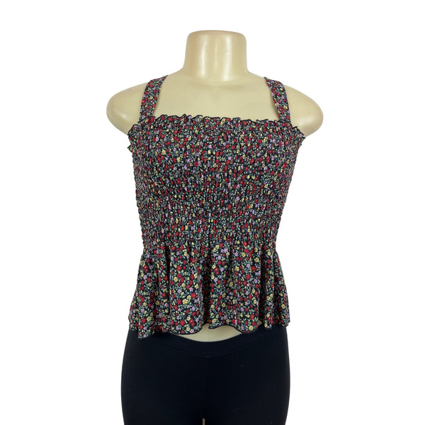 One Clothing Floral Smocked Peplum Top Black Multicolor Size M- New