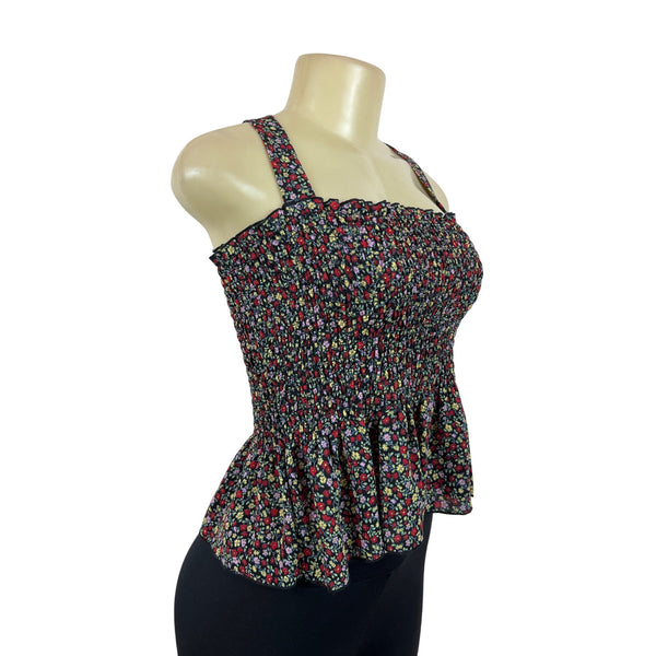 One Clothing Floral Smocked Peplum Top Black Multicolor Size M- New