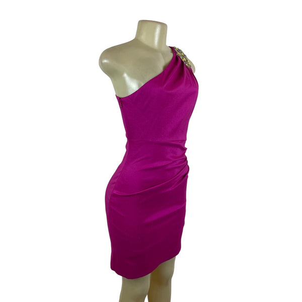 Badgley Mischka One-Shoulder Fuchsia Cocktail Dress W Embellished Shoulder Size 6